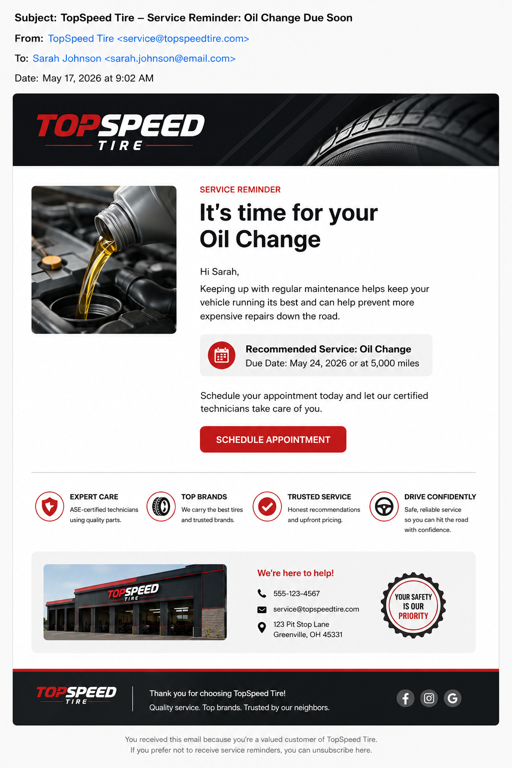 Branded email reminding a customer their oil change is due, with a schedule appointment button