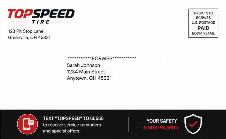 Back of a postcard mailer showing the address panel, postage indicia, and a text-to-join call to action