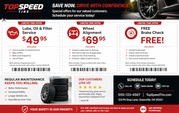 Postcard front featuring three limited-time service offers with coupons
