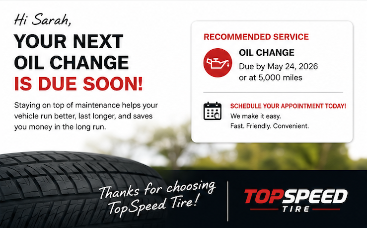 Postcard reminding a customer by name that their oil change is due soon