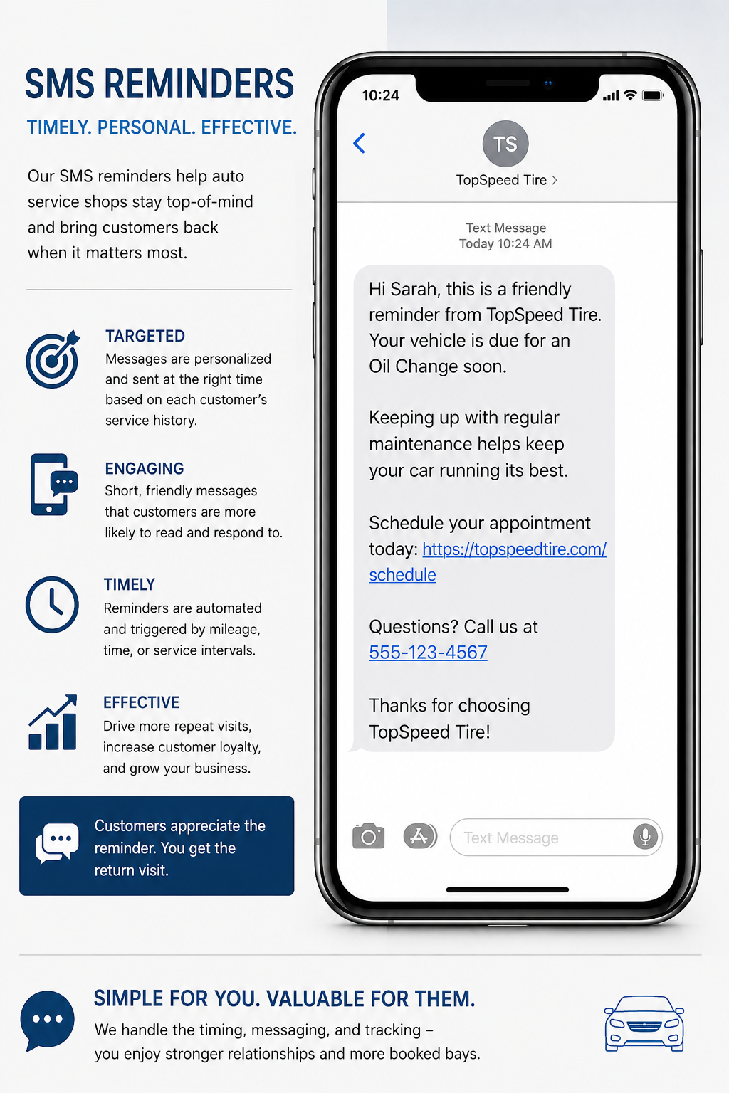 Text message reminder mockup on a phone next to an explainer graphic about SMS reminders